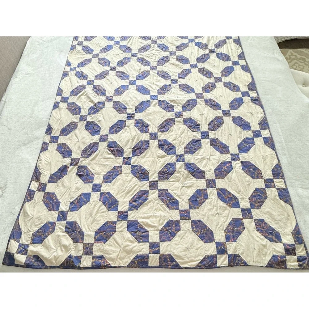 VTG Handmade Patchwork Quilt Throw Twin Purple Cream Tied Cottagecore 1990